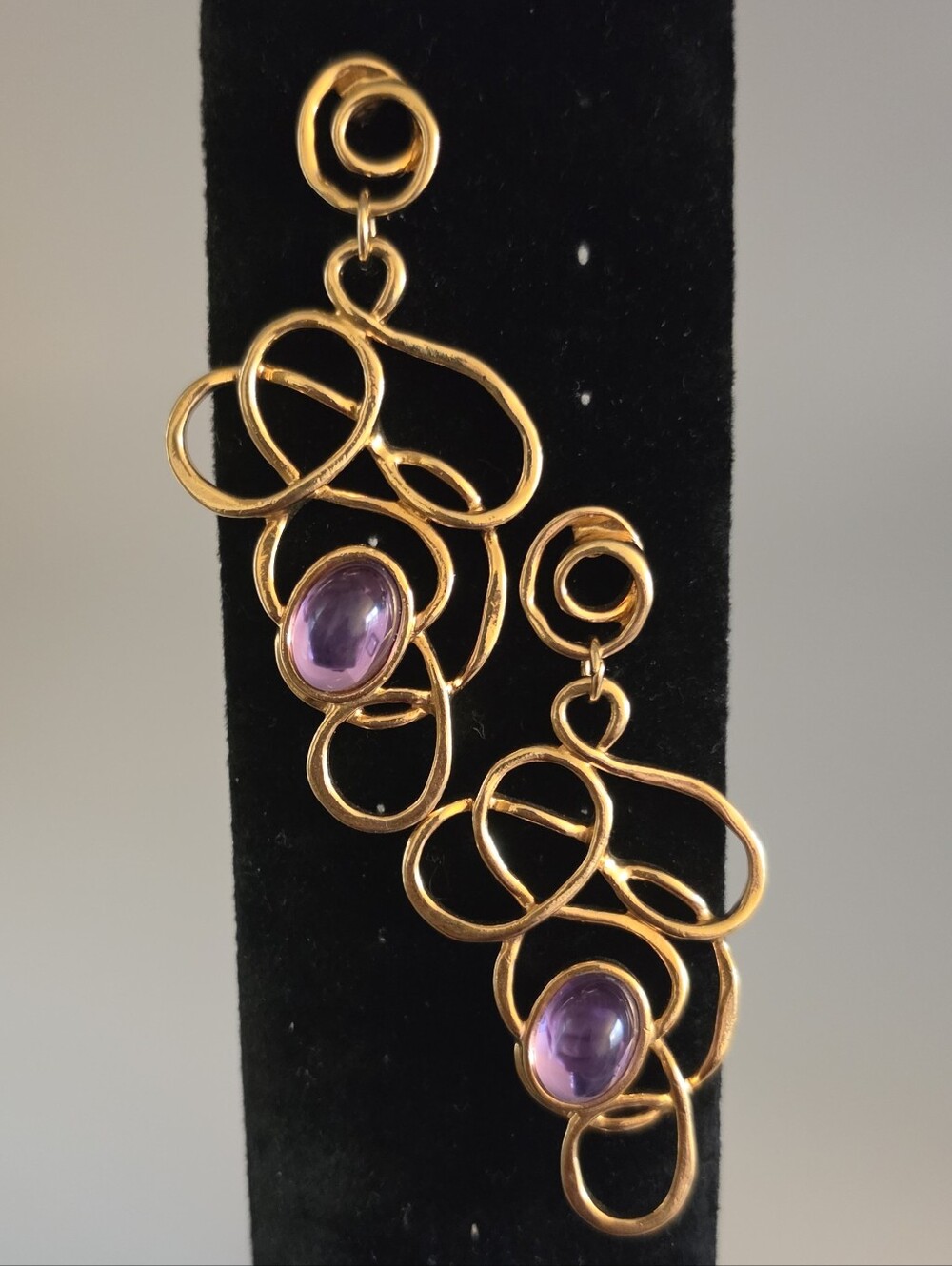 Vintage Squiggle Swirl Dangle Earrings With Purple Jewel